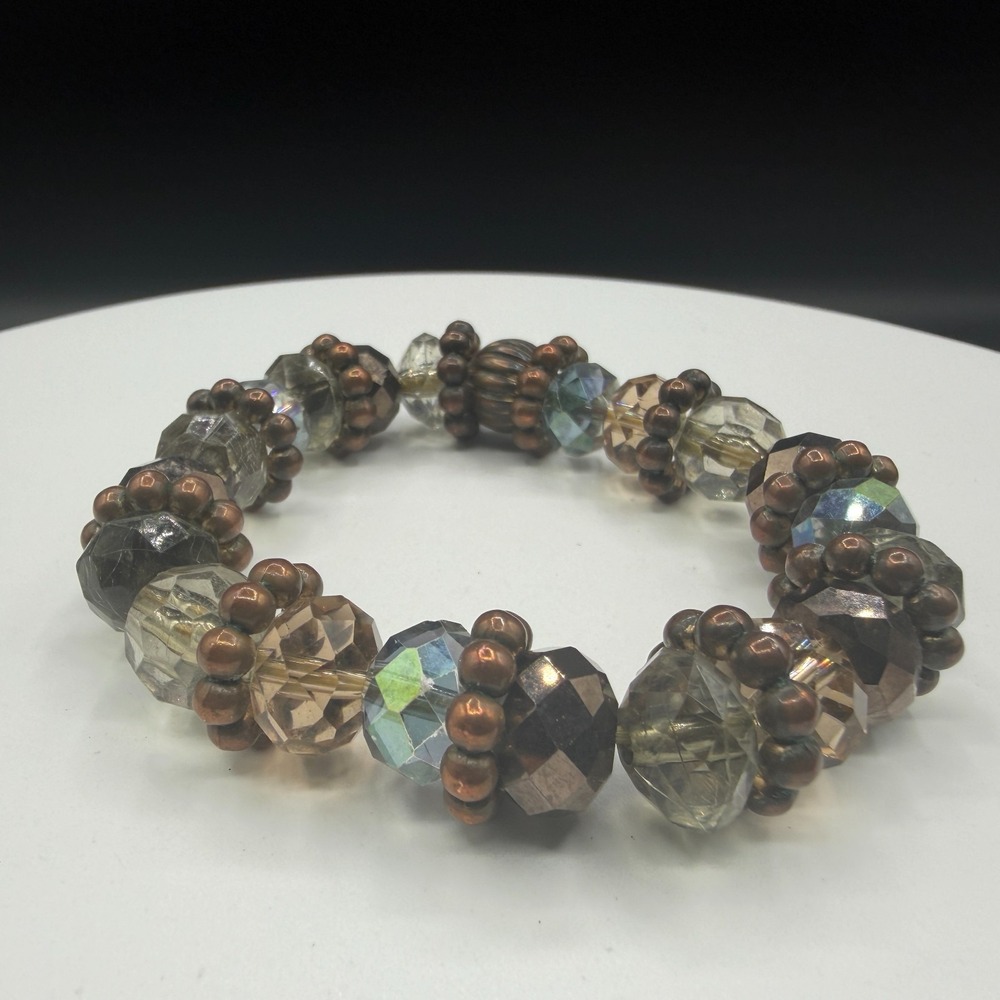 Smoky Crystal Faceted Beaded Stretch Bracelet Bronze Tone Boho Statement Gift